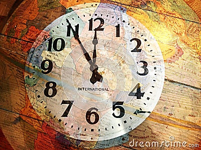 Old fashioned style stainless steel wall clock and globe Stock Photo