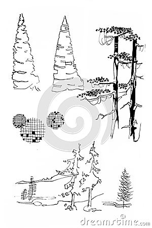 Old fashioned stylization trees drawing ink lineart Stock Photo