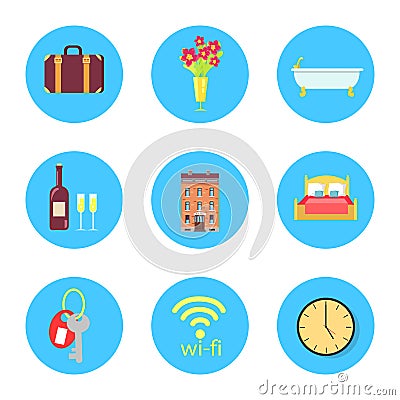 Hotel Themed Illustrations in Circles Set Vector Illustration