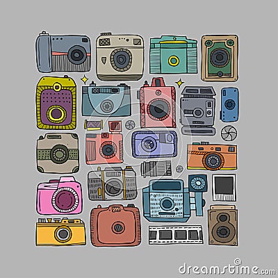 Old fashioned vintage photocamera. Retro and new collection for your design. Icons set. Square frame background. Vector Vector Illustration