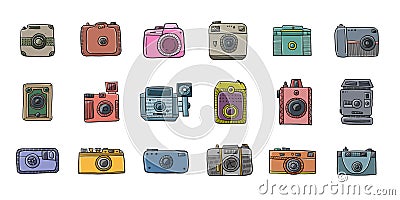 Old fashioned vintage photocamera. Retro and new collection for your design. Icons set. Vector illustration Vector Illustration