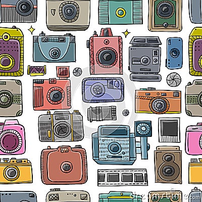 Old fashioned vintage photocamera. Retro and new collection for your design. Seamless pattern background. Vector Vector Illustration