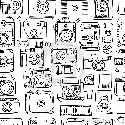 Old fashioned vintage photocamera. Retro and new collection for your design. Seamless pattern background. Vector Vector Illustration