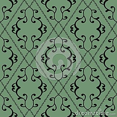 Old-fashioned wallpaper with black seamless foliate pattern on pastel green background Vector Illustration