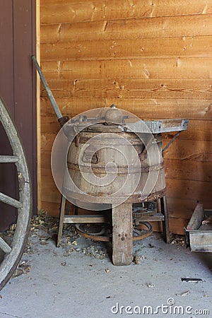 Old Fashioned Washing Machine made from Wood and Steel Stock Photo