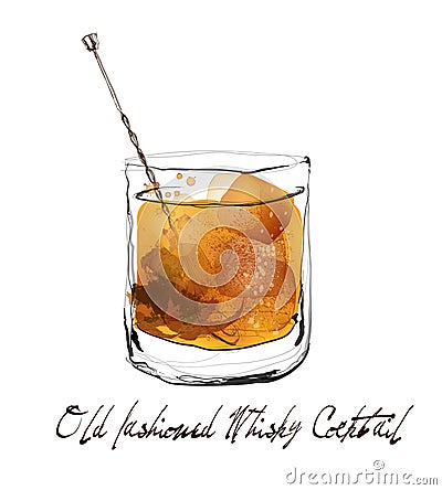 Old fashioned whisky cocktail in watercolor style Vector Illustration