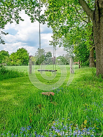 An old fashioned wooden tree swing Stock Photo