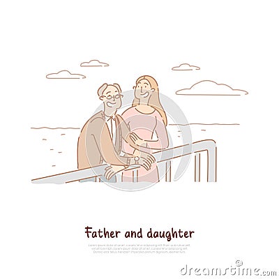 Old father and adult daughter spend time together, young woman and retired man, happy family relationship banner Vector Illustration