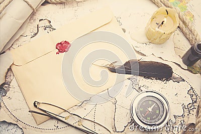 Old feather, envelope, sealing wax Stock Photo