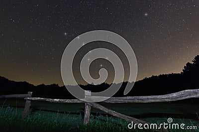 Old fence. Starry night Polaris star, Ursa Major,Big Dipper constellation Beautiful night sky. Stock Photo