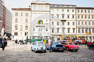Old Fiat cars like 500 and Porche car exposed at the National Day of the Vintage Vehicle, Trieste Editorial Stock Photo