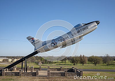Old fighter plane on display outside the Perrin Air Force Base Historical Museum at North Texas Regional Airport in Denison, Texas Editorial Stock Photo