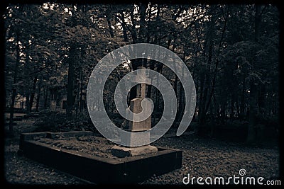 The old film photo depicts a creepy grave cross standing in the middle of a overgrown cemetery surrounded by trees in the twilight Stock Photo