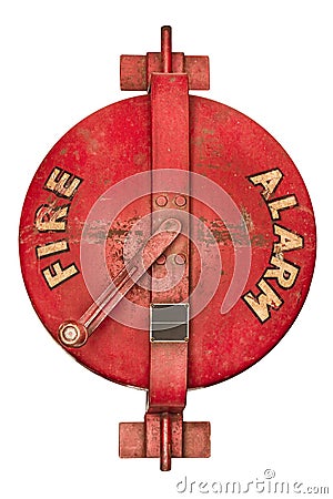 Fire alarm horn activated by spining the handle isolated on a white background Stock Photo