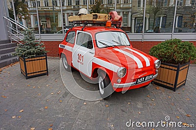 Old fire truck near the retro museum in Vinnitsa. Editorial Stock Photo
