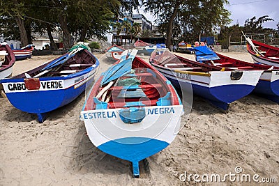 Colorful boats on the beach of Cape Verde Editorial Stock Photo