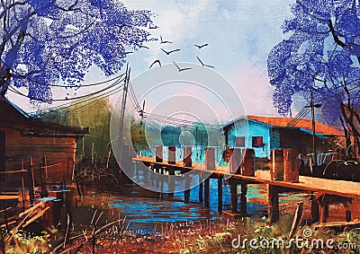 Old fishing village,oil painting style Cartoon Illustration