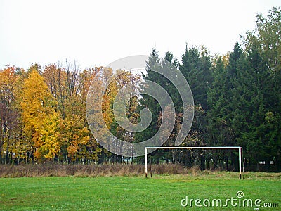 Old football goal on the country field in autumn Stock Photo