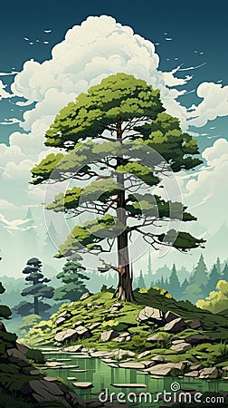 Minimalist Digital Painting Of A Sublime Wilderness With A Majestic Tree Cartoon Illustration