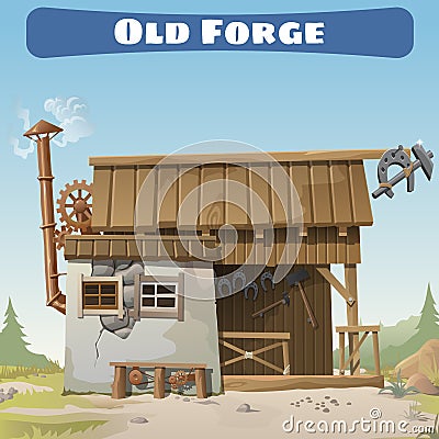 Old forge in the wild West, story series card Vector Illustration