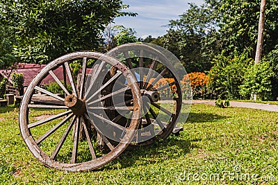 Old fort Bluff Wagon wooden Wheel as decoration at garden Stock Photo