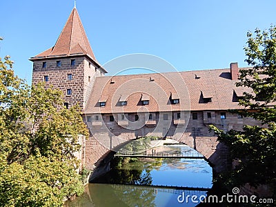 Old fortifications of Nuremberg with tower, water gate, Germany Editorial Stock Photo