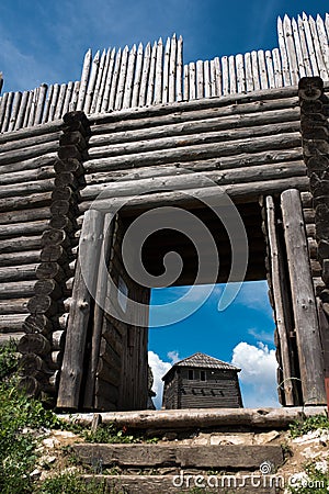 Old fortified settlement, wooden old Gate Stock Photo