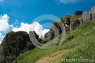 Old fortified settlement, wooden old huge wall Stock Photo