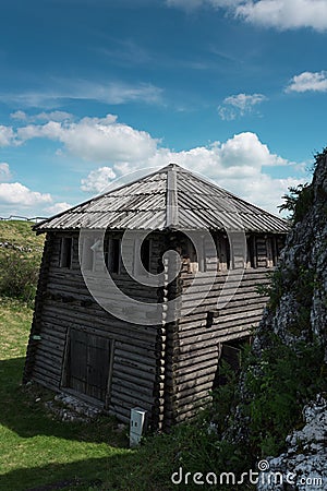 Old fortified settlement, wooden old warior house Stock Photo