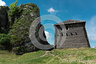 Old fortified settlement, wooden old warrior house Stock Photo