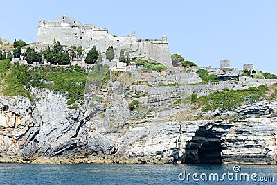 Old fortless on a rocky coastal outcrop at Portovenere Stock Photo