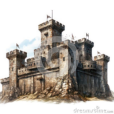 Old fortress isolated on white created with Generative AI. Strong medieval building with high walls. Stock Photo