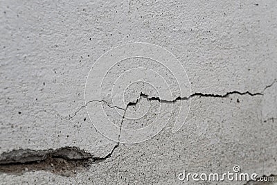 Old foundation and plaster wall with cracks. Building requiring repair closeup. Stock Photo