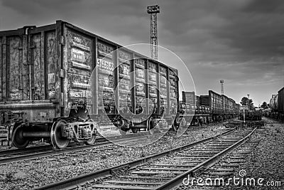 Old freight carriages in black and white colors Stock Photo