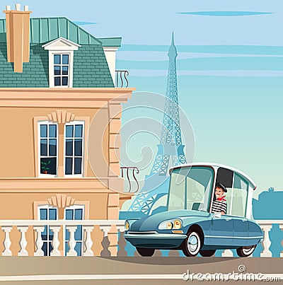 Old French car on Paris streets and Eiffel tower in background Cartoon Illustration