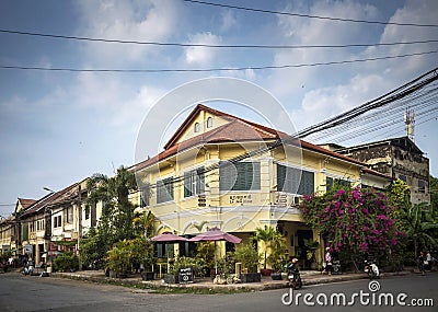 Old french colonial architecture in kampot town street cambodia Editorial Stock Photo