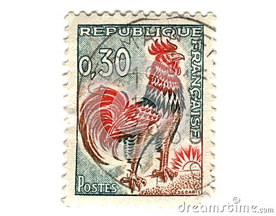 Old french stamp with Chicken Editorial Stock Photo