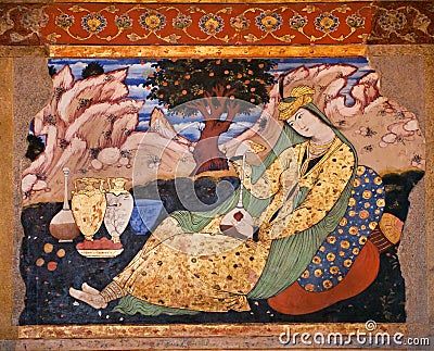 Old fresco with picture of beautiful persian woman with pitchers in palace Chehel Sotoun Editorial Stock Photo