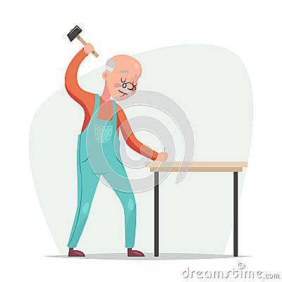 Old furniture maker hammers nail in a table retro cartoon character vector illustration Vector Illustration