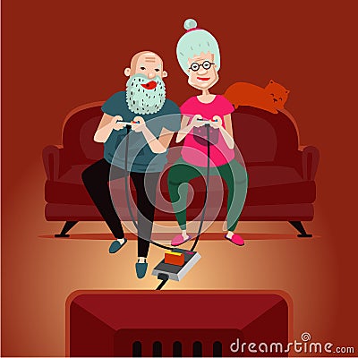 Old gamers. Seniors adults couple playing video games. Vector Illustration