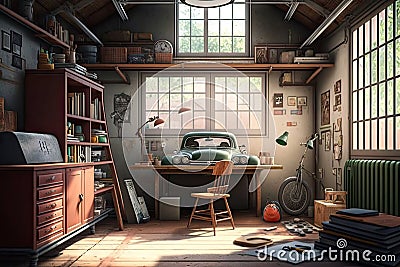 an old garage that has been converted into a cozy home office, with a desk and shelves for books and supplies. Stock Photo