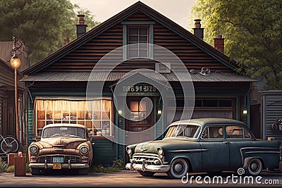 an old garage that has been transformed into a cozy home, with vintage cars still parked inside and their hoods open. Stock Photo