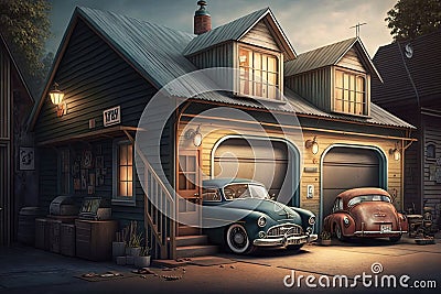 an old garage that has been transformed into a cozy home, with vintage cars still parked inside and their hoods open. Stock Photo