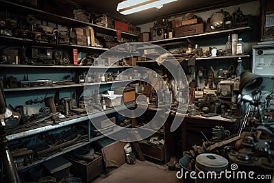 old garage with shelves full of vintage tools and parts, ready for a new owner Stock Photo