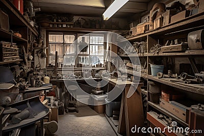 old garage with shelves full of vintage tools and parts, ready for a new owner Stock Photo