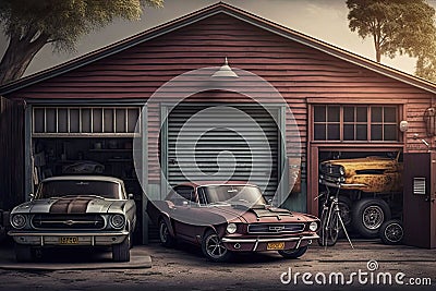 an old garage with vintage cars, including a classic ford mustang and a muscle car. Stock Photo