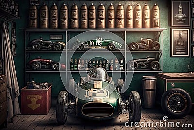 an old garage with a vintage race car and trophies displayed on the shelves Stock Photo