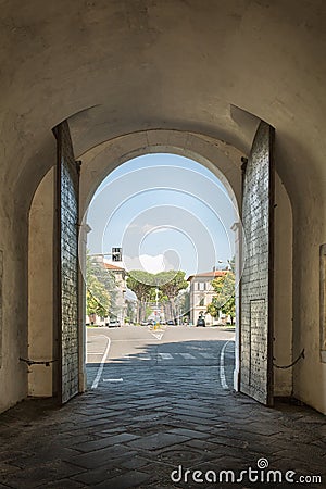 Old gate - exit from the historic center of Lucca Stock Photo