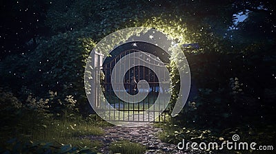 old gate with ivy mysterious old forest dark sky. Vintage iron gates at castle Stock Photo