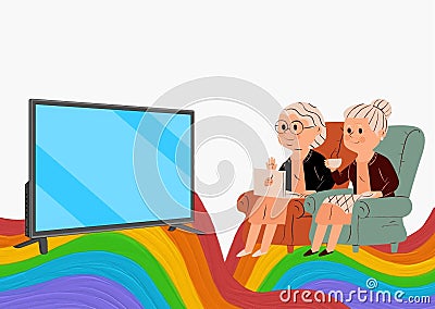 Old gay lady couple illustration watching television at home Cartoon Illustration